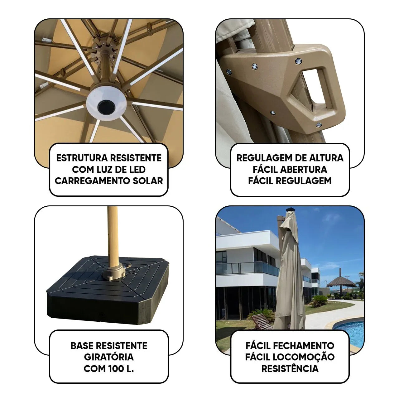 (MEGA PROMOÇÃO) - Ombrelone Parnaso Guarda Sol Gold Led Alumínio 3,0 x 3,0 C/ Base em 100 L