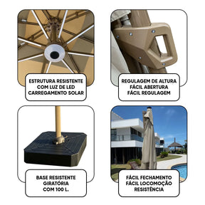 (MEGA PROMOÇÃO) - Ombrelone Parnaso Guarda Sol Gold Led Alumínio 3,0 x 3,0 C/ Base em 100 L