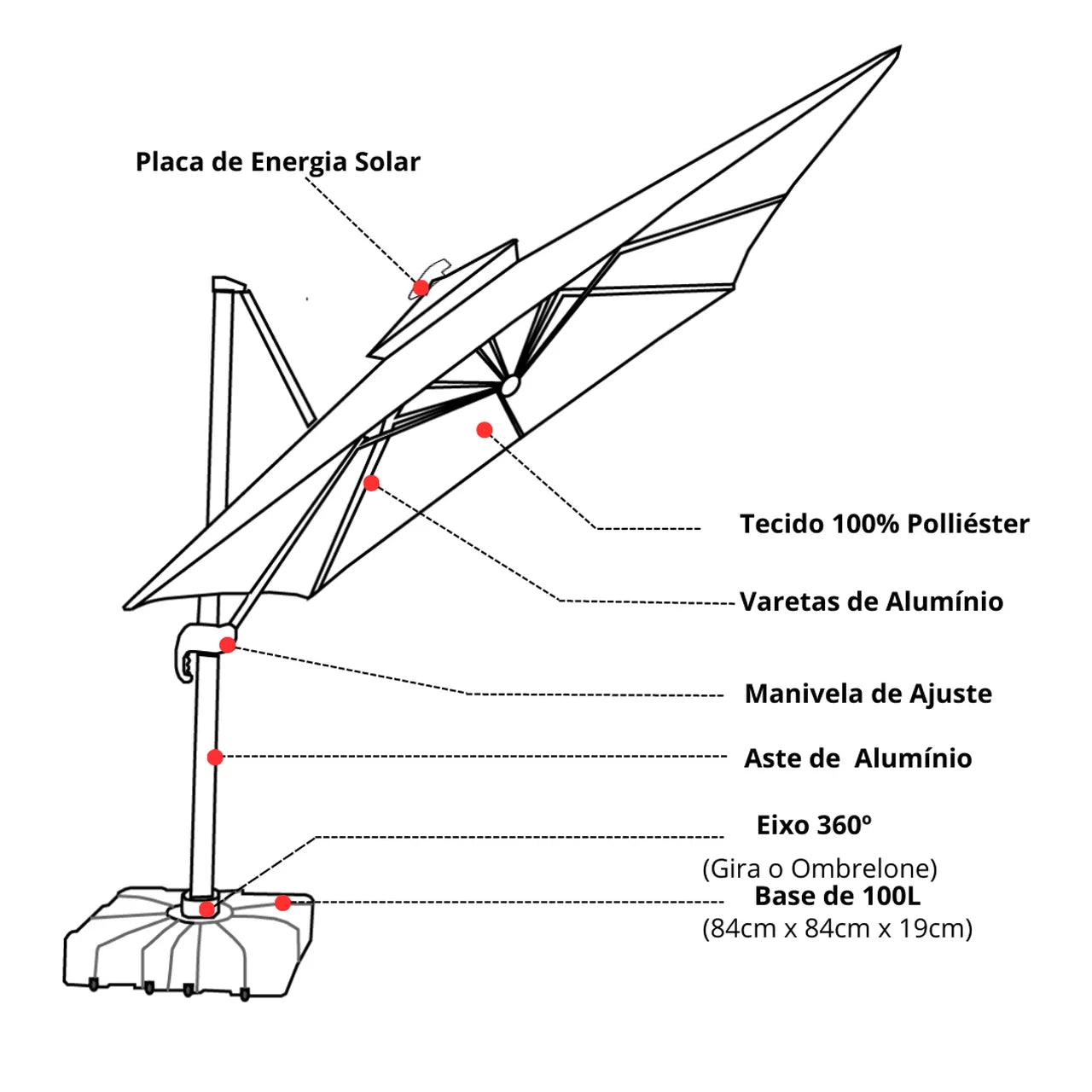 (MEGA PROMOÇÃO) - Ombrelone Parnaso Guarda Sol Gold Led Alumínio 3,0 x 3,0 C/ Base em 100 L